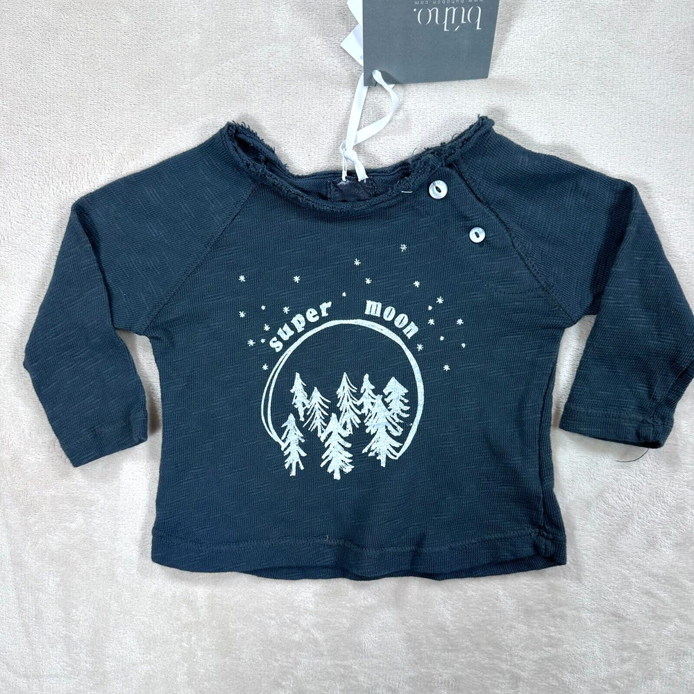 Buho Baby 3 Month Blue Lenny Super Moon Graphic Long Sleeve Raw Collar Top New